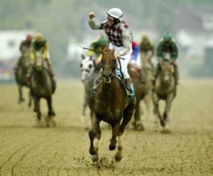 JOCKEY JOSE SANTOS CELEBRATES AFTER WINNING PREAKNESS STAKES